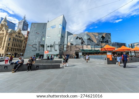MELBOURNE, AUSTRALIA - MAR 19: Federation Square on Mar 19, 2015 in Melbourne. It is a mixed-use development in the inner city of Melbourne, covering an area of 3.2 hectares.