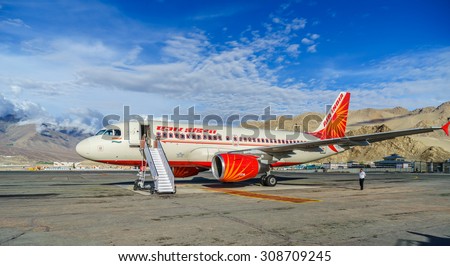 LEH, LADAKH, INDIA - AUG 5: Air India at Kushok Bakula Rimpochhe Airport on Aug 5, 2015 in Ladakh. It\' the flag carrier airline of India owned by Air India Limited, a Government of India enterprise.