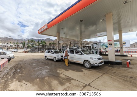LEH, LADAKH, INDIA - AUG 5: Indian Oil gas station in Leh city  on Aug 5, 2015 in Ladakh. IndianOil, is an Indian state-owned oil and gas corporation with its headquarters in New Delhi.