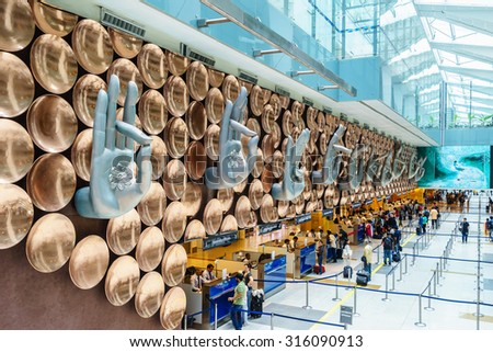 NEW DELHI - AUG 5: Interior of Indira Gandhi International Airport on Aug 5, 2015 in New Delhi. The airport is the busiest airport in the country since 2009.