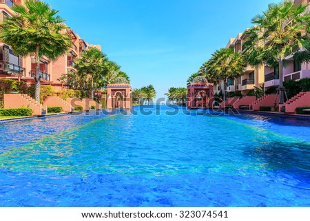 HUA HIN, THAILAND - DEC 15: Main pool of Marrakech Hotel on Dec 15, 2014 in Hua Hin. The design of the hotel was Inspired by rich and colorful culture of Morocco\'s Marrakech or \