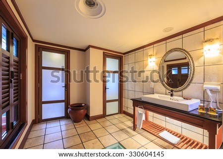 PORT DICKSON, MALAYSIA - SEP 15 : Rest room interior of Lexis Hotel on Sep 15, 2015 In Port Dickson. The hotel was award wining resort for CNBC's (London) International Property Award in 2007.