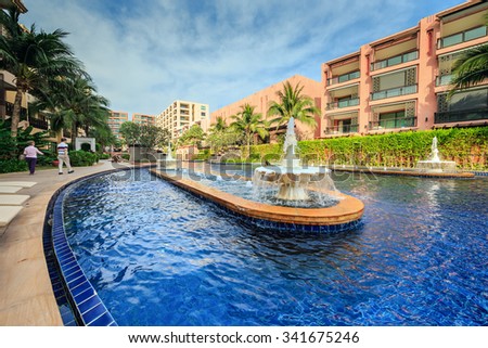 HUA HIN, THAILAND - DEC 14: Main pool of Marrakech Hotel on Dec 14, 2014 in Hua Hin. The design of the hotel was Inspired by rich and colorful culture of Morocco\'s Marrakech or \
