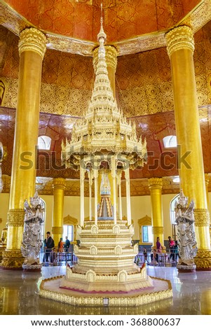 YANGON, MYANMAR - JAN 16: Swe Taw Myat temple on Jan 16, 2016 in Yangon. It is the place to keep Sacred Replica Buddha Tooth Relic.