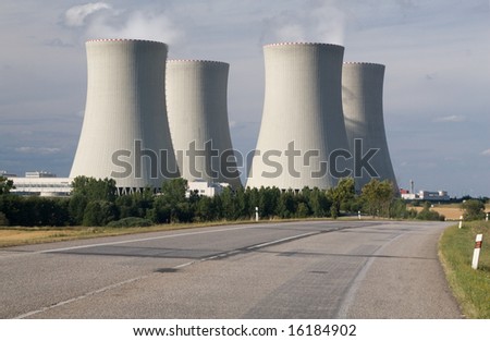 Nuclear power station, Temelin, Czech Republic - cooling towers, containment buildings, stubble-field in foreground