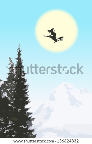 silhouette witch on broom flying on sky winter scene