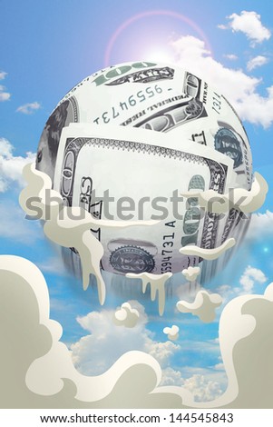 money ball fly up pass cloud  on sky, currency concept