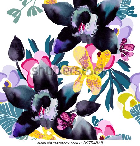 Watercolor pattern of exotic flowers. Flower orchid.
