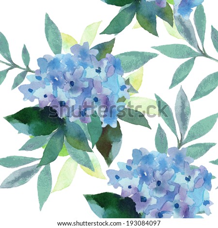 Watercolor style vector illustration of Hydrangea. Seamless background of watercolor flowers