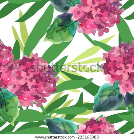 Watercolor style vector illustration of Hydrangea. Seamless background of watercolor flowers