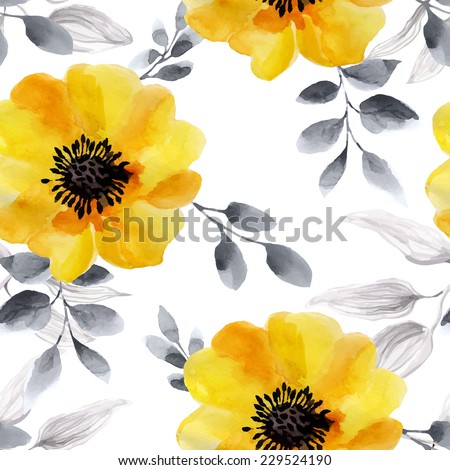Seamless background of watercolor flowers. Seamless texture with romantic yellow roses.