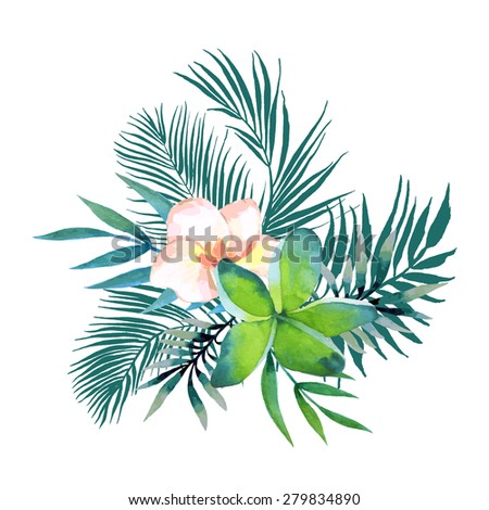 Watercolor bouquet of exotic flowers.Tropical flowers and palm leaves