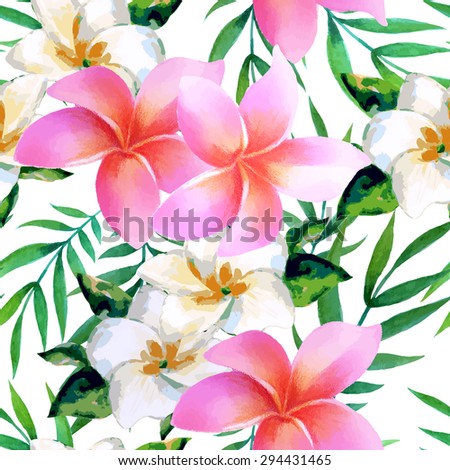 Watercolor seamless pattern of exotic flowers. Bright color watercolor of botanical elements