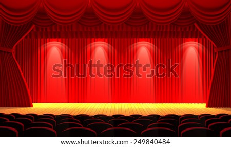 theater stage with a red curtain, seats and a spotlight.