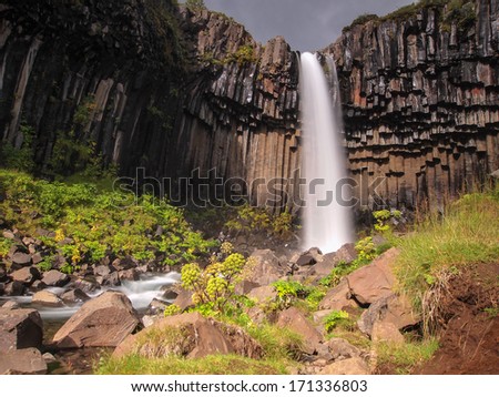Icelandic landscapes, Svartifoss (Black Fall) waterfall and basalt formation, Skaftafell National Park, celand.
