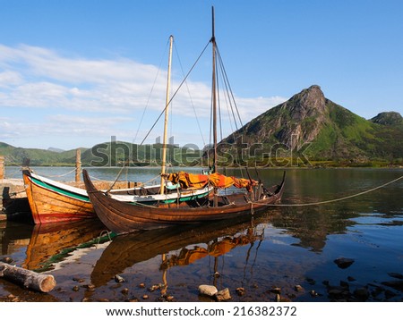 Replicas of Viking`s boats. Lofoten Islands.