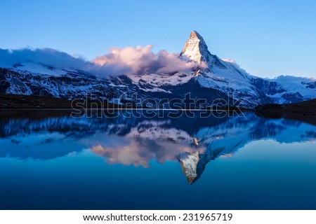 Matterhorn in early morning with reflection in StelliSee, Zermatt, Switzerland