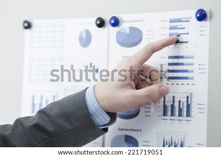Businessman pointing to flip board with chart in office