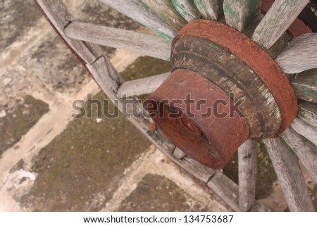 Close up of cart wheel on paving stones