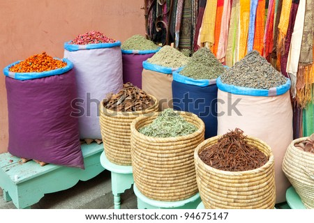 Colorful spices in bags selling at Marrakesh, Morocco market