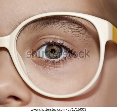 Children\'s eyes close up in the frame for spectacles without glass