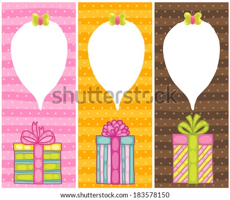 Happy Birthday present gift boxes with speech bubble. Vector holiday illustration