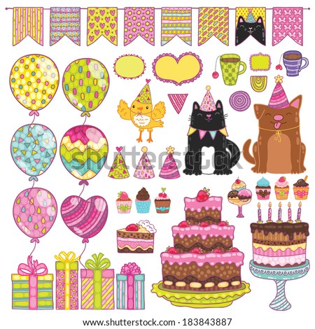 Happy Birthday party elements set - holiday cake, cat, dog, bird, presents, gifts, muffins, cupcakes, tea, ice cream, balloon, hat, decor. Vector image