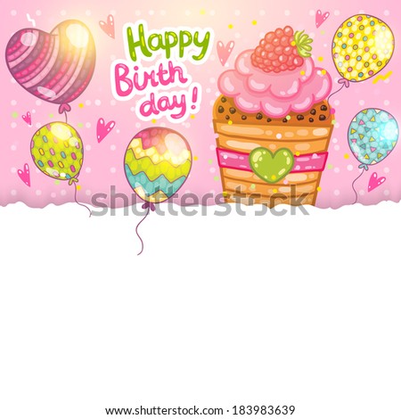 Happy Birthday card background with cupcake. Vector holiday party template