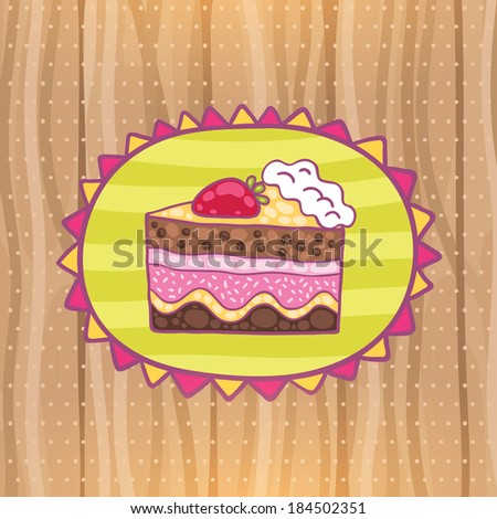 Cute cartoon Happy Birthday card with strawberry cake. Holiday vector background