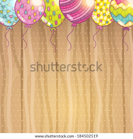 Cute cartoon Happy Birthday card with balloons. Holiday vector background