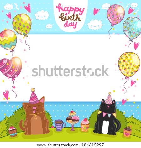 Happy Birthday card background with a cat, dog and cupcakes. Vector holiday background for your invitation design.