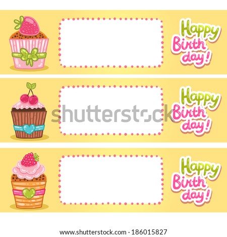Happy Birthday card background with cupcakes. Vector holiday party template