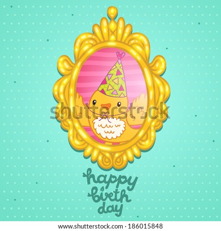 Happy Birthday card background with a bird in frame. Vector holiday party template
