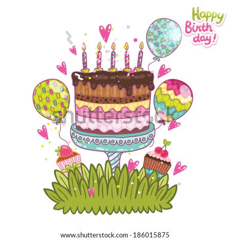 Happy Birthday card background with cake. Vector holiday party template