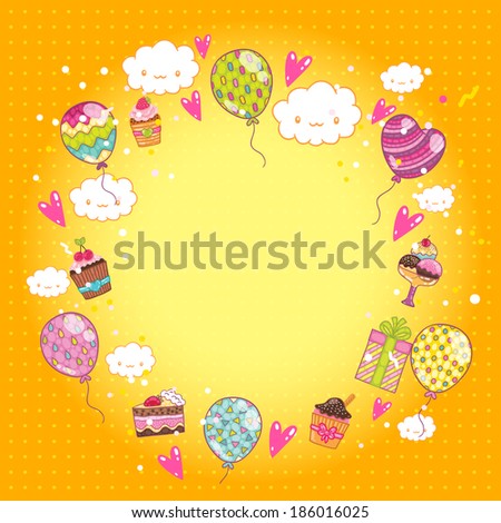 Happy Birthday card background with cupcakes and balloons. Vector holiday party template