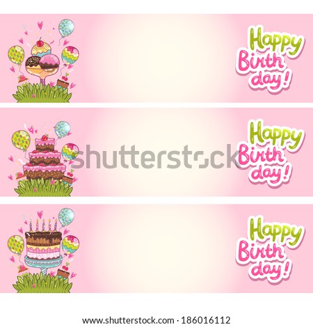 Happy Birthday card background with cakes and ice cream. Vector holiday party template