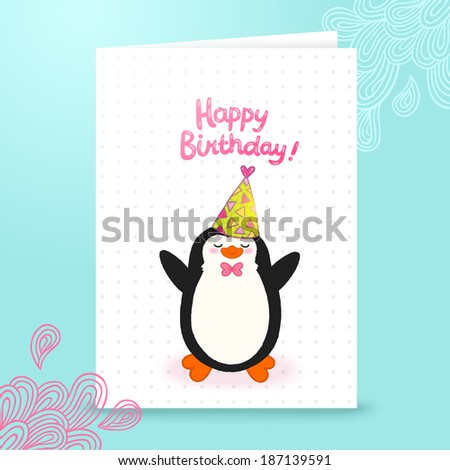 Happy Birthday card background with cute penguin. Vector holiday party template