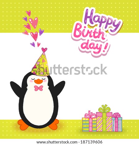 Happy Birthday card background with cute penguin. Vector holiday party template