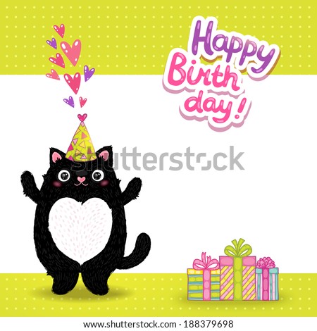 Happy Birthday card background with a cat. Vector holiday party template