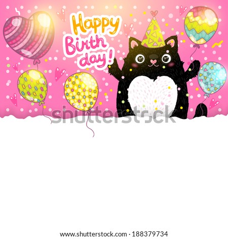 Happy Birthday card background with a cat. Vector holiday party template