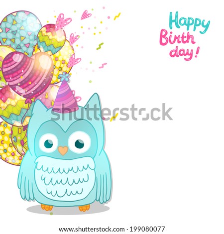 Happy Birthday card background with cute cartoon owl. Vector holiday party template. Greeting postcard image.