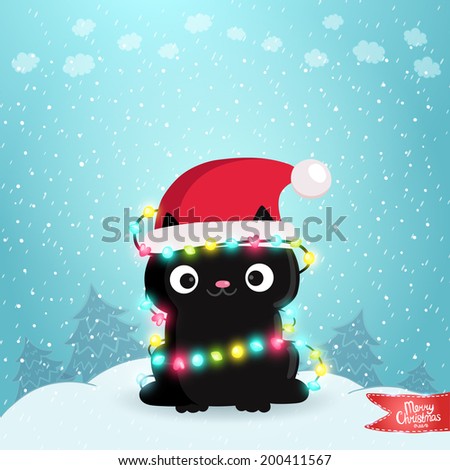 Merry Christmas greeting card background with a black cat Holiday vector illustration Merry Christmas greeting card background with a black cat Holiday vector illustration