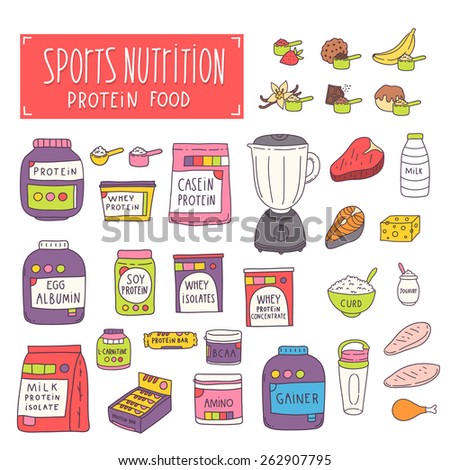 Sports nutrition. Bodybuilding and fitness supplement doodle objects on white background. Protein food. Bodybuilding hand drawn illustration.