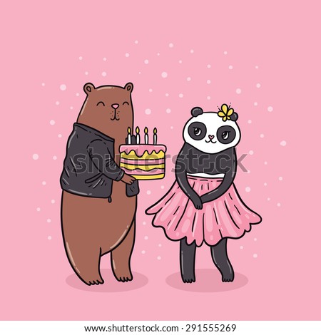 Cute brown bear holding birthday cake and panda girl. Funny holiday illustration. Vector animal image