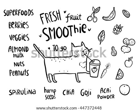 Cute cartoon sketchy cat drinking smoothie. Food illustration