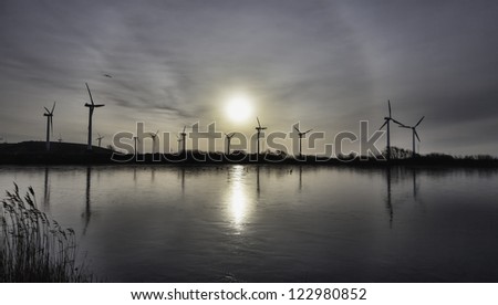 Wind turbine farm in the wadden sea, Esbjerg, Denmark