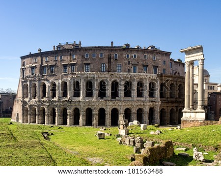 The ancient Theater of Marcellus (13 BC) in Rome was begun by Julius Caesar, but finished by Augustus