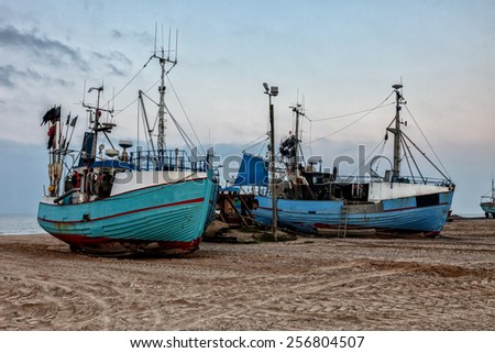 Fishing boats on land at Thorup beach on the Danish North Sea coast