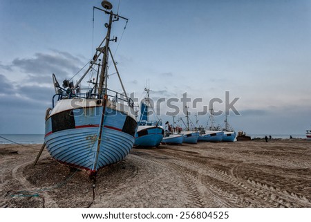 Fishing boats on land at Thorup beach on the Danish North Sea coast
