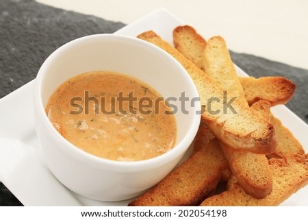 roast pepper dip with toasted bread fingers
